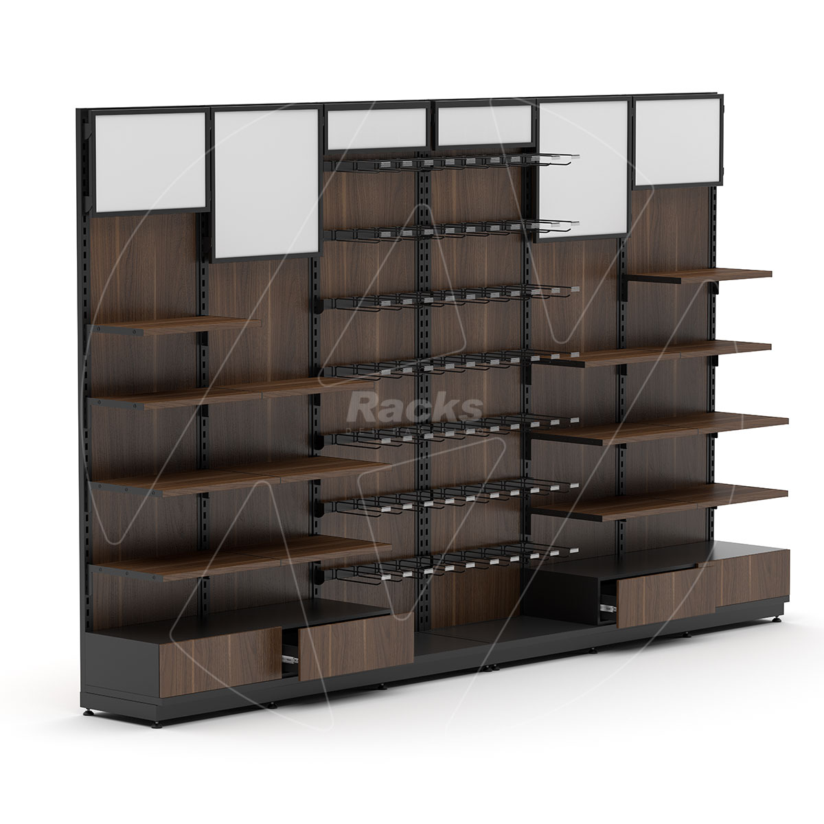 Góndola doble cara con paneles luminosos - Sistema de pared completo con iluminación, ganchos y repisas de madera, listo para múltiples categorías de producto.