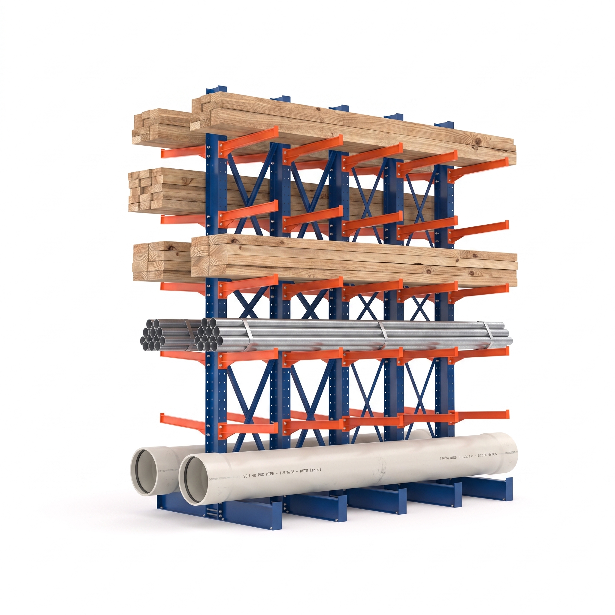 Rack Cantilever — estructura completa - Vista general del sistema armado, almacenando maderas, tubos metálicos y tubería PVC en simultáneo.