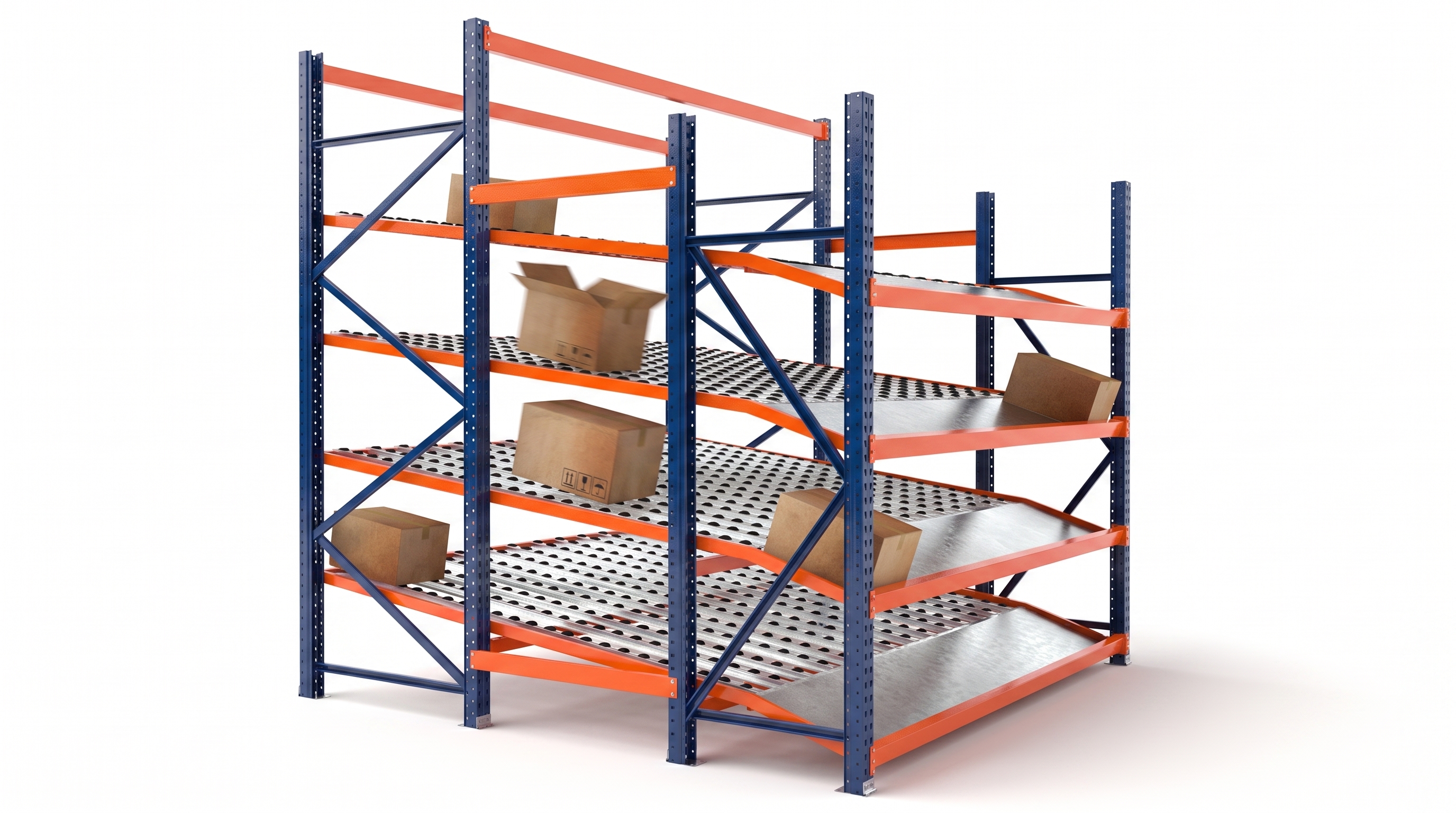 Rack Carton Flow — estructura completa - Vista general del sistema armado, con carriles de rodillos inclinados en distintos niveles.