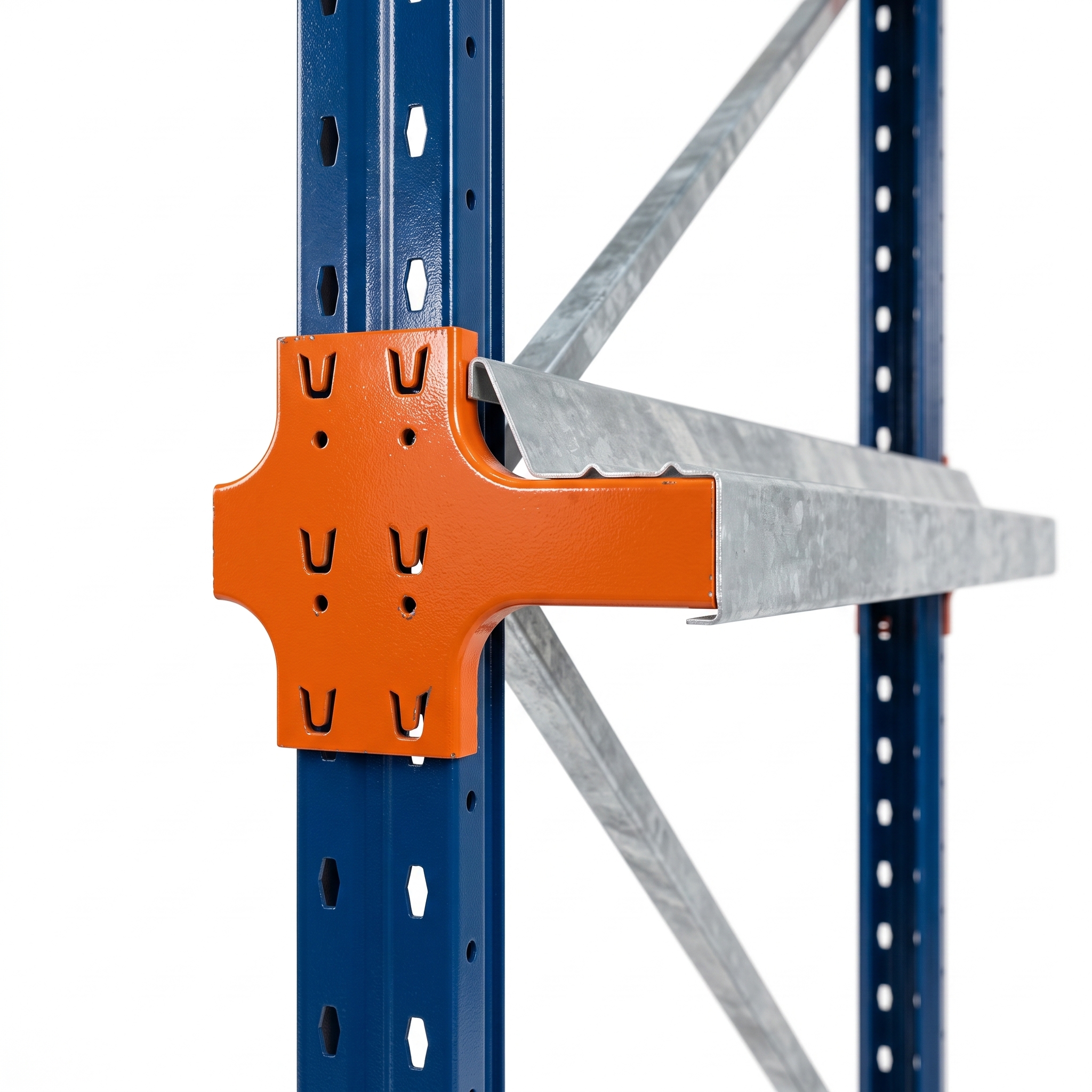 Cartela lateral - Detalle del conector en cruz que sostiene el riel guía galvanizado dentro del túnel.