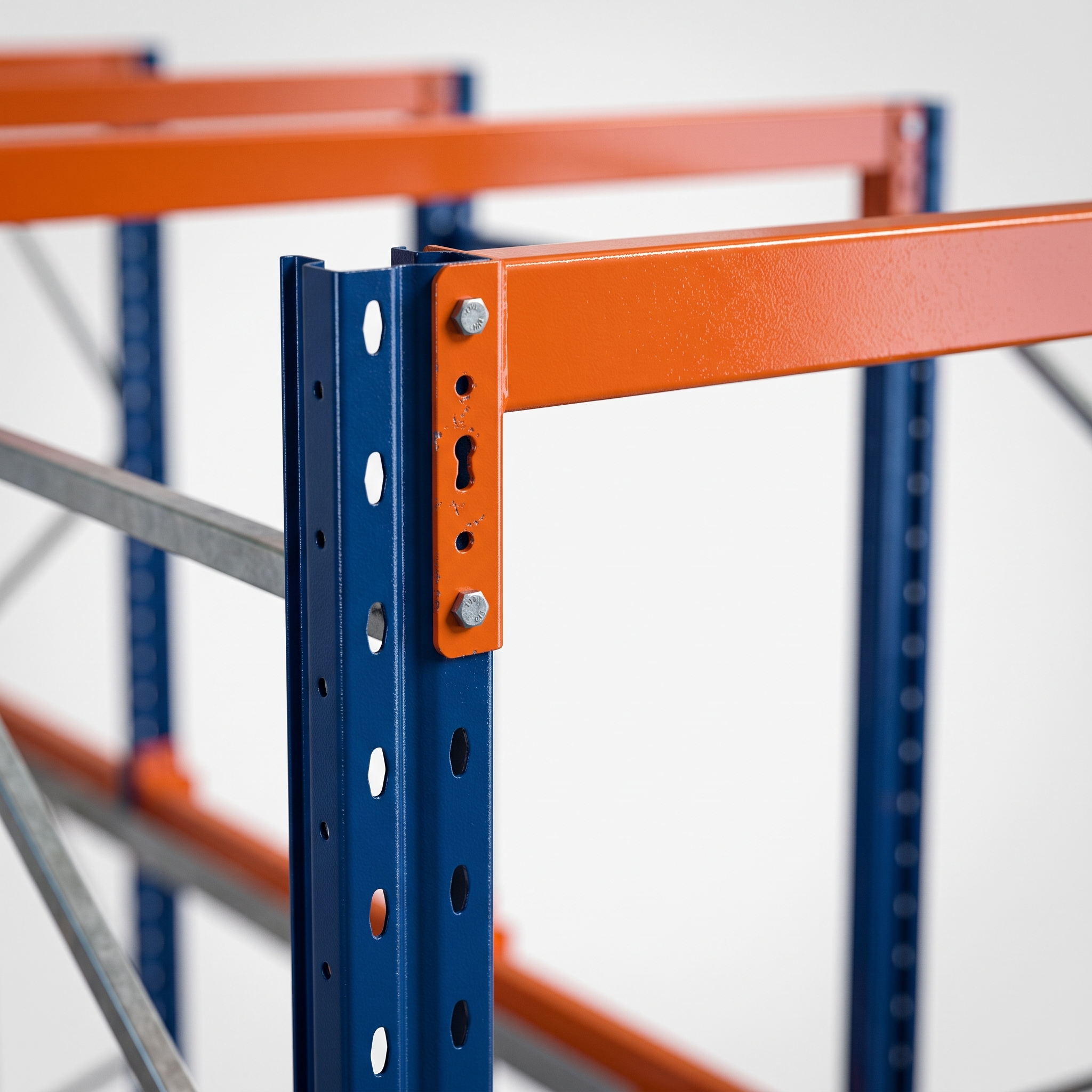 Conexión viga-puntal - Detalle de la conexión entre la viga longitudinal y el puntal vertical del rack.