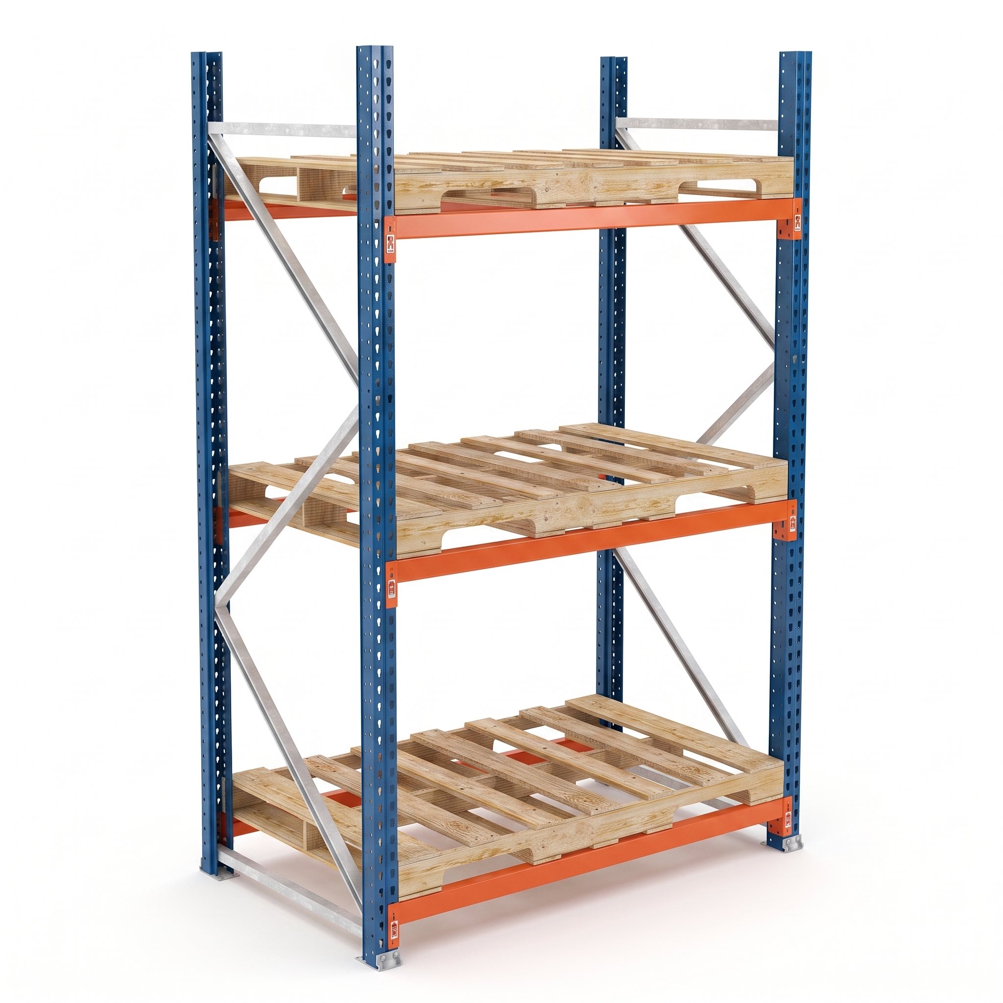 Rack Selectivo — estructura completa - Vista frontal del sistema armado con sus niveles de carga, listo para recibir pallets.